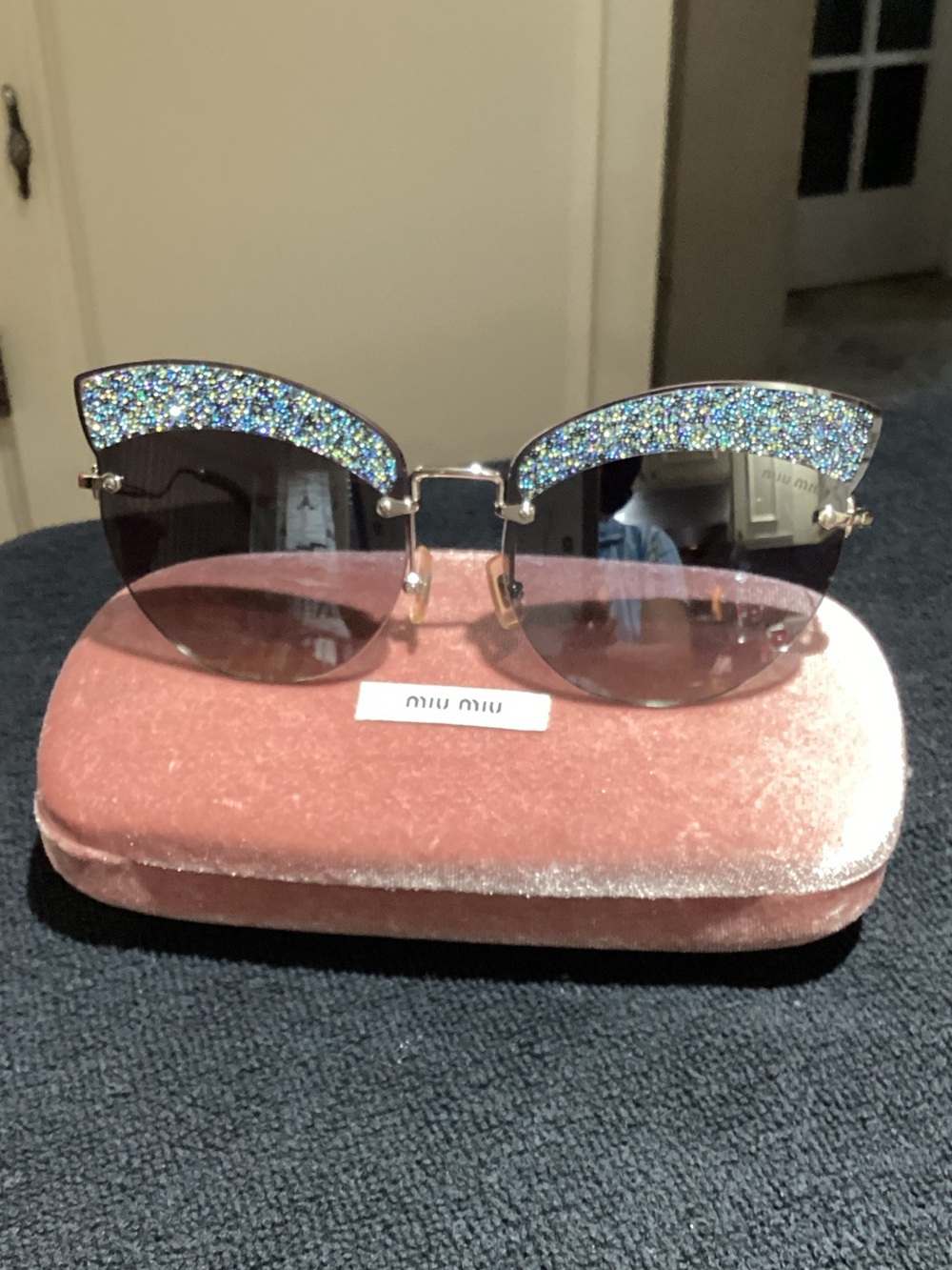 Miu Miu Crystal-Embellished Rimless Sunglasses with Black Gradient Lenses